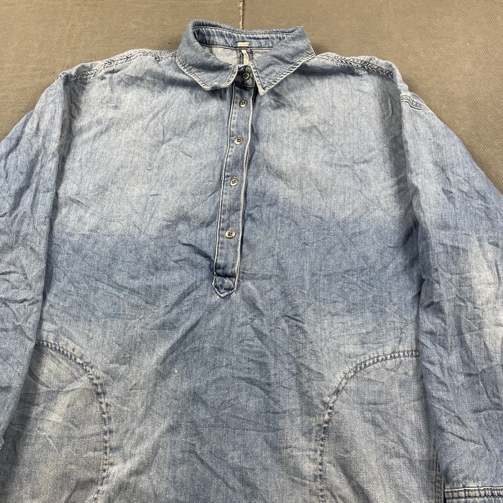 Free People Jacket Womens Medium Blue Denim Long Chore‎ Coat Button Henley Dress - Picture 2 of 14